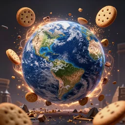Earth being destroyed by a cookie, realistic 4k octane beautifully detailed render, 4k post-processing, highly detailed, intricate complexity, epic composition, magical atmosphere, cinematic lighting, masterpiece, ultra hd