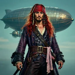 portrait painting of a 3 0 years old rugged masculine muscular male pirate long long hair soft hair flowing hair crimson hair upper body only long coat elegant rugged handsome floating mechanical zeppelin in background, unreal render cinematic lighting art 1 9 2 0 period drama by bussiere rutkowski andreas rocha
