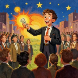 a picture of a happy subgenius - salesman at a alter speaking to a crowd of cultists offering dollars, stars in the sky, sunrise, a detailed matte painting by mort kunstler, pixiv, kitsch movement, city background, movie poster, official art