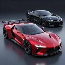 sports car based on nissan and chevy sports car body styles, nissan sports cars, chevy sports cars, concept car, sharp focus, ruby red and black paint, trending on artstation, unreal engine, photoreal, award winning, automotive concept art, concept art, car design by jon sibal and khyzyl saleem