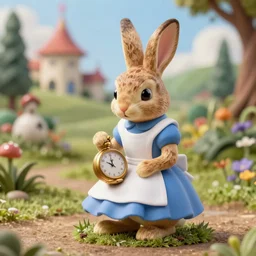 rabbit checking pocket watch doll figurine, alice in wonderland theme, octane render 8 k, disney inspired landscape, artstation, cinematic lighting, hd, ultra realistic