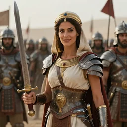 cinematic artwork of a female ancient persian commander in front of her army, holding his sword with a slight smile on her face by greg rutowski, 4 k, masterpiece