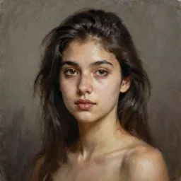 alla prima portrait oil painting of young woman with dark hair and no makeup, dark beige grey background, lights and shadows, beautiful composition, hyperrealistic