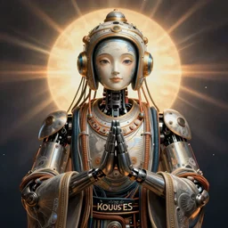 Hokusai portrait of a robot saint made of cables and robotic pod