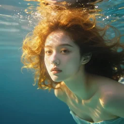 A beautiful artistic underwater portrait by Zhang Jingna, volumetric lighting, golden light
