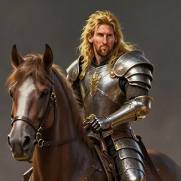 portrait, handsome long - haired male fantasy lionel messi paladin in shining armor on an armored horse, blond, rpg game, stern expression, main character, detailed, digital painting, artstation, sharp focus, illustration, artgerm, tomasz alen kopera, peter mohrbacher, donato giancola, joseph christian leyendecker, wlop, frank frazetta