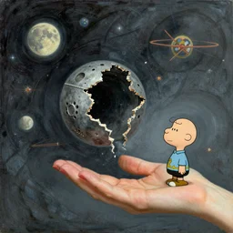 A mixed mediart. A rip in spacetime. Did this device in her hand open a portal to another dimension or reality?!  by Dorothea Tanning, by Charles Schulz Sigma 85mm f/1.4