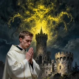 Close up of a young, thin and stern catholic priest in his thirties fervently praying as he is about to die from the ominous terrifying Lovecraftian yellow shadow descending upon him from the night sky. he is at the top of a medieval tower. Low angle, dramatic lighting. Art by Greg Rutkowski and Alphonse Mucha