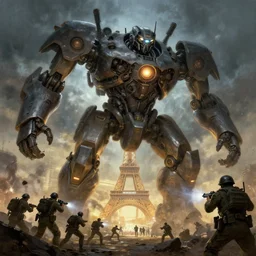 war of the worlds, giant mech attack paris, human soldiers, intense fighting, glowing lights!! digital painting, very detailed, art by jakub rozalski