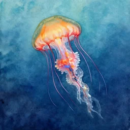 jellyfish in the sea. watercolor. beautiful painting. highly realistic. high resolution. vibrant. dramatic. trending on artstation. 8 k