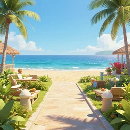 a resort leading to a view of the beach, Digital art