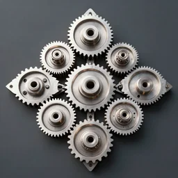nine symmetrical round gears arranged in a diamond shape, spinning like tops