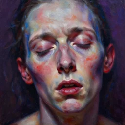 highly detailed and textured painting of a deformed anatomical portrait with closed eyes, emotionally expressive, highly detailed oil painting, soft light 1 6 k, red, blue and purple colour palette, cinematic composition, cinematic lighting, sharp focus, masterpiece by adrian ghenie and jenny saville and alphonse mucha and android jones,