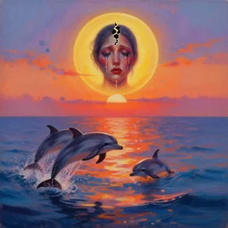 a beautiful sunset over the ocean, vivid dolphins leaping, ayahuasca purge, magic halo, broken soul, deep sickness oil paint, surrealist highly detailed at, ethereal, trending on art station, emotional surrealism oil painting, tears, crying, glitching squares, very very very very very beautiful