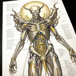 highly detailed labeled medical anatomy poster of a eldritch god, poster paper with notes, well - lit, ray tracing, detailed, mechanism, forbidden - knowledge, intricate details, gold and silver ink, by kentaro miura, marco bucci