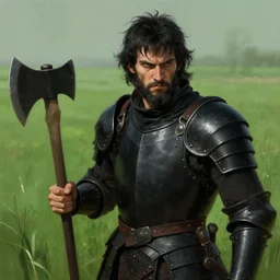 picture of male warrior in a greenfield, simple black armor, plated, axe, angry, black messy hair, unkempt beard, highly detailed, detailed face, smooth, sharp focus, chiaroscuro, digital painting, artgerm and greg rutkowski and alphonse mucha
