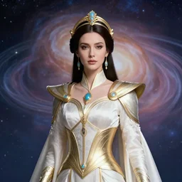 portrait of the powerful empress of the solar system in the style of charlie bowater and in the style of patrick woodroffe. glowing, ornate and intricate linework, sharp focus, depth of field, stunning, dynamic lighting, ultrafine and hyperdetailed.