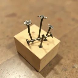 photo of a few bent and crooked metal nails hammered into a small block of wood, on a table.