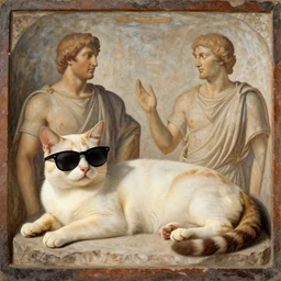 a cat sunbathing with sunglasses, ancient roman painting, fourth style, third style, second style, pompeii
