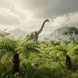 a prehistoric fern savanna, a sauropod neck in the background, mountains, clouds, volumetric lighting, hazy, washed out, an award winning digital render, beautiful, ultradetailed, hyperrealistic, great composition