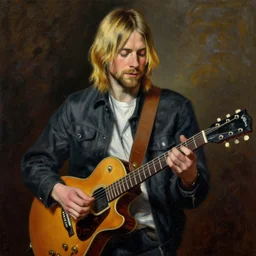 Kurt Cobain playing guitar, oil painting by by Caravaggio