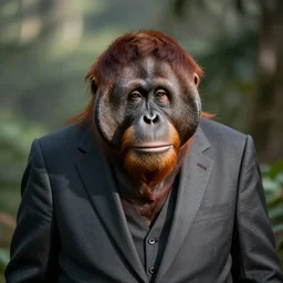 An elderly Orangutan in a tailored suit admires his lovely haircut