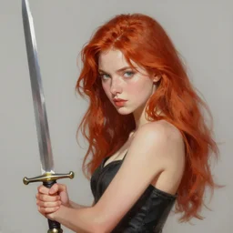 a painting of a woman with red hair holding a sword, a digital painting by Yun-Fei Ji, deviantart contest winner, fantasy art, detailed painting, artstation hd, concept art
