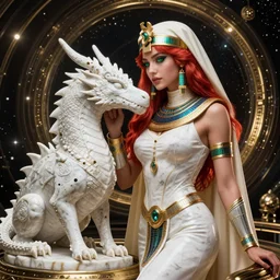 red - haired final fantasy white marble egyptian nun caressing her dragon, warframe armor, regal, attractive, ornate, sultry, sexy, beautiful, elize theron, pretty face, green eyes, scifi platform, 4 k, ultra realistic, epic lighting, illuminated, cinematic, black gold, art by alexandra petruk, voidstar, ayahuasca