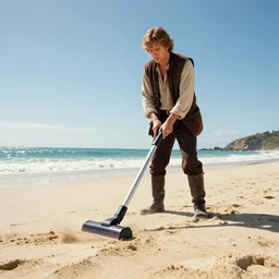 anakin skywalker vacuuming the beach to remove all the sand, 4k 15mm wide angle lens. Ultra HD