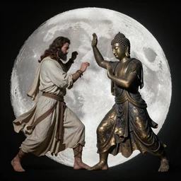 Jesus and Buddha fighting to the death on the moon