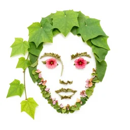 vine plant with leaves and flowers that make out a human face