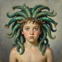 small boy as medusa. fantasy, painted by nasreddine dinet, formal portrait.