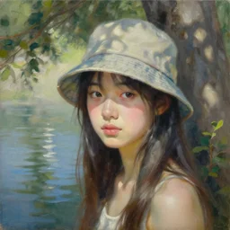 oil painting by ilya kuvshinov,, baugh casey, artgerm craig mullins, coby whitmore, of a youthful japanese girl, long hair, fisherman's hat, highly detailed, breathtaking face, studio photography, noon, intense bounced light, water reflection, large tree casting shadow, serine intense sunlight
