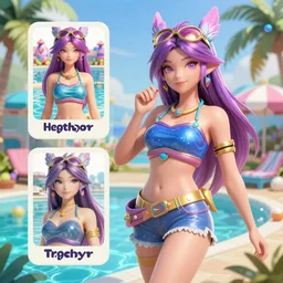 Character sheet of gorgeous pool party xayah (League of Legends). 3d octane render trending on artstation