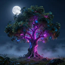 photorealistic wide shot of a beautiful neonpunk tree in the moonlight, octane render, unreal engine 4k, volumetric light, fog, detailed