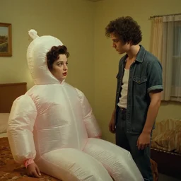 still from a 1980 arthouse film about a depressed housewife dressed as a squishy inflatable toy who meets a handsome younger man in a seedy motel room