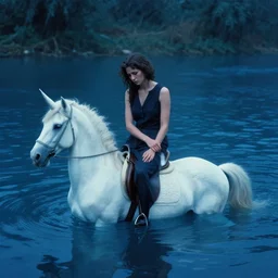 a vintage photo of one sad female riding on the unicorn in the river, gloomy, strong subsurface scattering, cobalt blue floating in the river, art by greg rutkowski