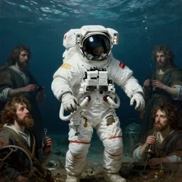 an astronaut deep under the ocean, key lighting, soft lights, by steve hanks, by edgar maxence, by caravaggio, by michael whelan, by delacroix, by serov valentin, by tarkovsky, 8 k render, detailed, oil on canvas