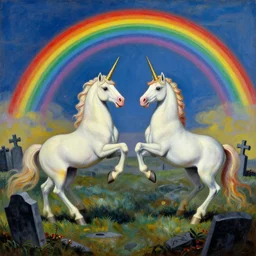 unicorns dancing on a graveyard under a rainbow in the sky, painting by Salvador Dali, award winning world-class Artwork