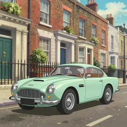 a wholesome animation key shot of a toy aston martin db 5, in a rich london mews residential street, medium range, studio ghibli, ( pixar ) and disney animation, sharp, very detailed, unreal engine 5 render, bloom, high resolution, anime key art by greg rutkowski