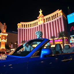 the statue david from michelangelo sitting inside a blue rolls royce convertible in front of ceasars palace in las vegas at night