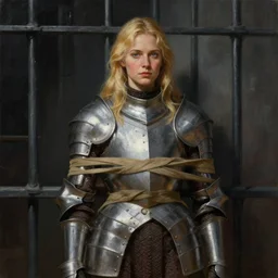 a painting of a blonde female wearing knight's armor tied up in a dungeon, full view, popular on artstation, artstationhd, artstationhq 8 k, volumetric lighting, trending on artstation, artstationhd, artstationhq, ultra detailed, detailed face, by artgerm and james gurney, greg rutkowski