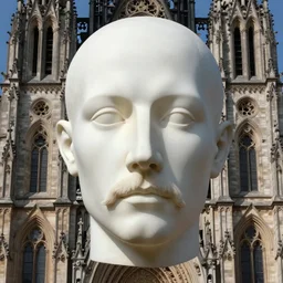 hyperrealistic pre - raphaelite portrait photo of a male head without a mustache merging with a cathedral building, one head only, etheric, evoking symbolic metaphors, head in focus, ornamental, intricate, elegant, golden ratio, sharp focus, art by ernst haeckel, h. r. giger, john william godward, gustav klimt, zdzisław