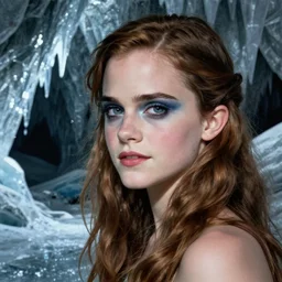 photorealistic painting of emma watson in an ice cave, detailed, heavy makeup on face