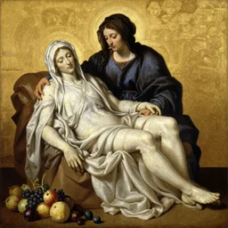 la pieta masterpiece ultrarealistic ultradetailed painting of catholic veiled lady beside fruits, still life, stefan gesell, immerse, slime, 2 1 th century, special effects makeup, maximalist, glittering, gold, ivory, hyperreal, golden ratio, alphonse mucha