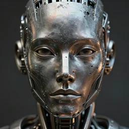 an intricate, detailed face of an robot, metal skin with some scratches, dramatic lighting, sci-fi, trending on artstation, art nouveau, by John Berkey