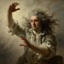 alchemist transforming into monster, windy, stoic, is ( ( with arms half lifted toward us ) ). light dust, magnificent, hyperdetailed, theatrical, close up, masterpiece, painted by jean honore fragonard and greg rutkowski