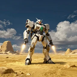 armored core v by liam wong, booster flares, karst landscape, ; wide shot, outdoor, dark blue sky, cloud, wilderness ground, golden time, twilight ; digital painting, dynamic contrast, backlighting, bokeh, motion blur, photoreal, cinematic,