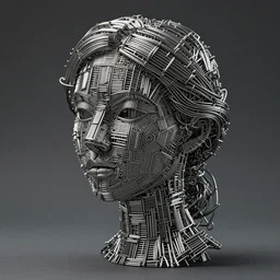 an intricate and extremely detailed sculpture of a female head made of small metal tubes