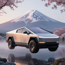 a futuristic solarpunk tesla cyber truck vehicle hover craft in the future of 2 0 8 9 futuristic version, cyberpunk look. digital art. trending on artstation. cyberpunk look hovering by mount fuji early in the morning with a few blossom trees around, high quality photo